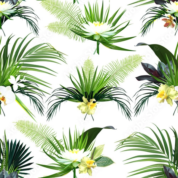 Obraz Tropical greenery print with exotic palm leaves, white lotus, green orchid. Botanical emerald pattern. Vintage style. Island design. Seamless summer vector pattern. Simple backdrop on white background