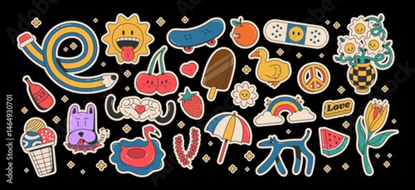 Fototapeta Cartoon groovy summer stickers 70s. Cute retro characters. Hippie style, set cute labels. Isolated on black background	
