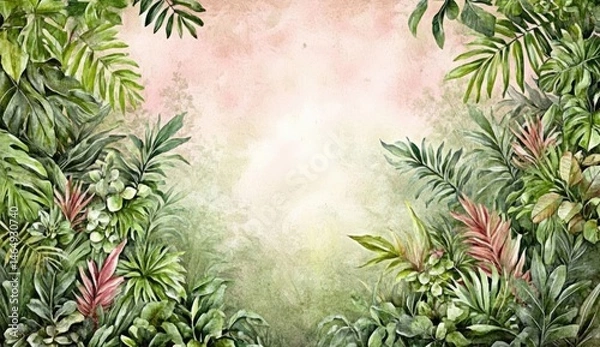 Fototapeta Lush tropical foliage framed by vibrant greenery against a soft, pastel background.  A variety of tropical leaves and plants create a dense, jungle-like atmosphere.  