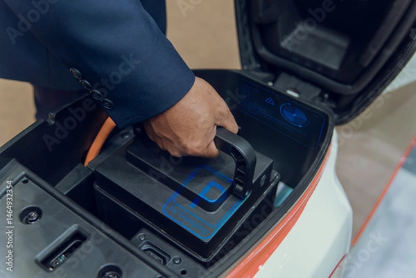 Fototapeta A person placing a removable electric scooter battery into the compartment, indicating EV charging and mobility solutions.