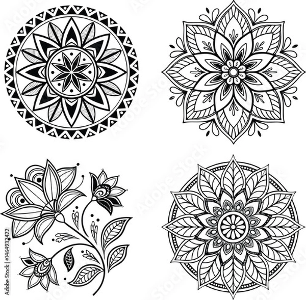 Obraz Ornamental mandala design black vector line art for coloring page, tattoo and other designs
