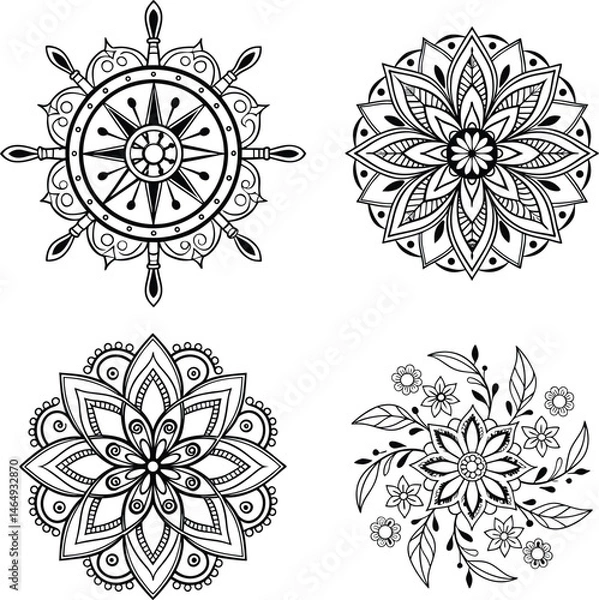 Obraz Ornamental mandala design black vector line art for coloring page, tattoo and other designs