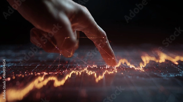 Obraz Fingertip interacts with glowing network, data visualization, abstract lines forming connections, showcasing digital technology, innovation, and interaction