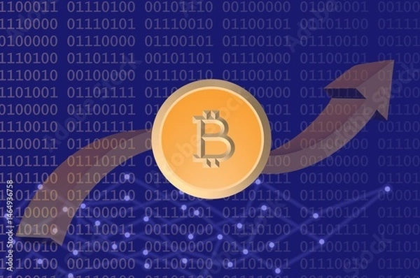 Fototapeta 3D stylized Bitcoin symbol in front of a 3D curved upward arrow. The background is navy blue with seamless light orange binary code (0s and 1s), and at the bottom, interconnected dots