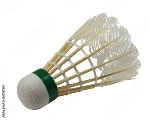 Fototapeta A single shuttlecock with white feathers and a green band isolated on a black background close up view