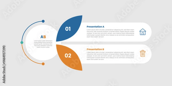 Fototapeta 2 stage infographic diagram opposite comparison with big circle with small leaf on round rectangle with two step for slide presentation