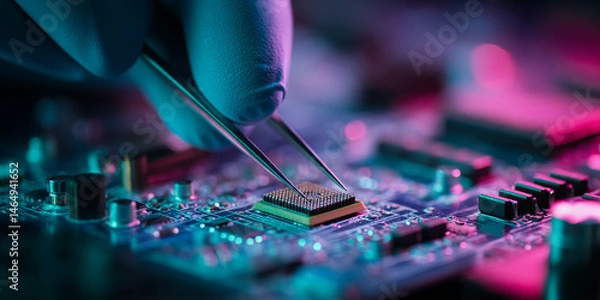 Obraz Close-up of gloved hand using tweezers to place a microchip onto circuit board, illuminated with pink and teal light, showcasing precision and technology
