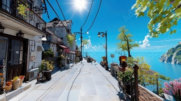 Obraz Sunlit Coastal Village Street Scene Quaint Buildings Ocean View Lush Greenery  Stone Pavement Vintage Streetlights Sunny Day Calm Waters Cliffside Landscape
