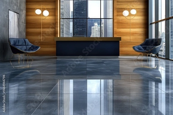 Fototapeta Modern lobby with dark gray marble flooring, wooden walls, and navy reception desk.