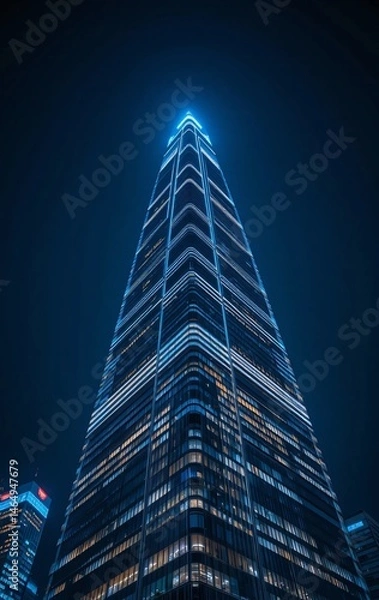 Obraz Night Lights Trace the Shape of a Futuristic Skyscraper in a Minimalist Urban Close-Up View
