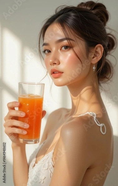 Obraz She holds a glass of juice with elegance, her skin glowing in the light