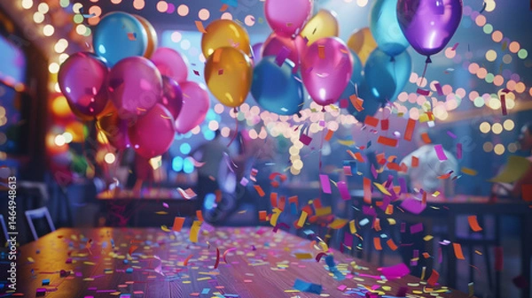 Fototapeta Colorful balloons and confetti in a festive party scene