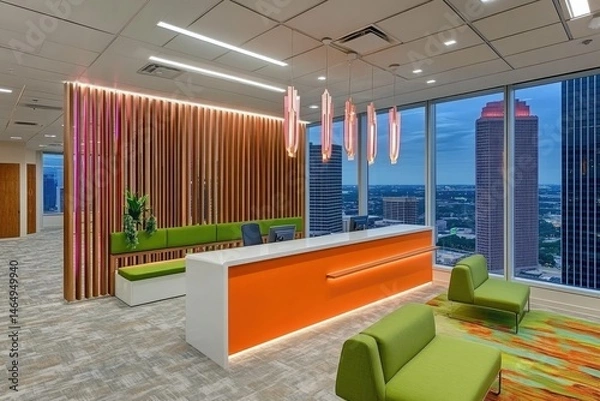 Fototapeta Modern reception area with city view.  Features light wood paneling, vibrant orange accents, comfortable seating, and floor-to-ceiling windows overlooking a cityscape