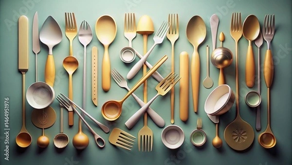Fototapeta Elegant Gold and Off-White Tableware Arrangement Featuring Spoons, Forks, Knives, and Serving Utensils on a Subtle Green Background