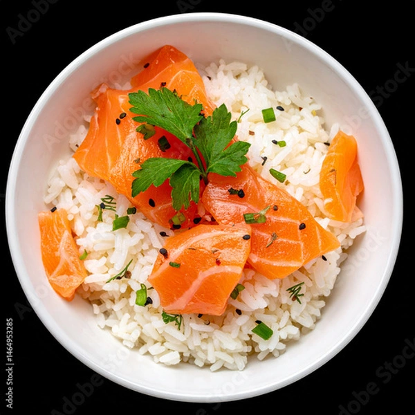 Fototapeta A bowl of warm rice with fresh salmon meat. Isolated on black background. 