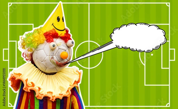Fototapeta Football Clown with Speech Bubble on Soccer Field Background – Editable Template
