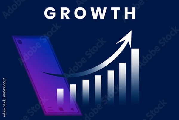 Fototapeta Business growth chart and analytics with smartphone device, financial data, upward trend, success and strategy concept, digital technology and marketing, white background, modern economy