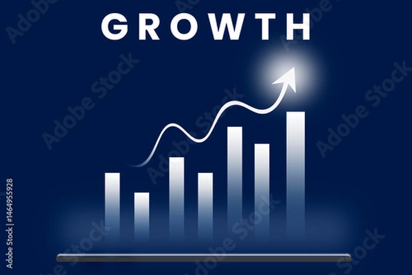 Fototapeta Business growth chart and analytics with smartphone device, financial data, upward trend, success and strategy concept, digital technology and marketing, white background, modern economy