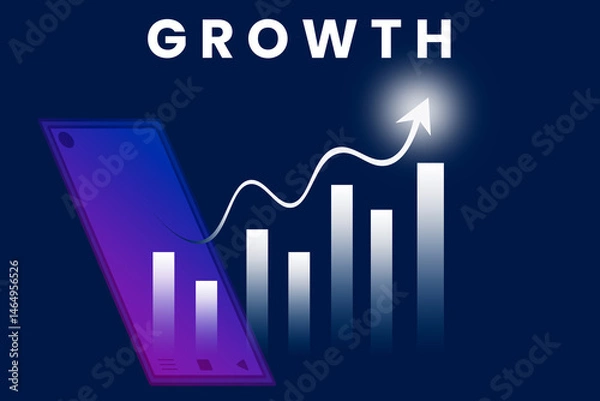 Fototapeta Business growth chart and analytics with smartphone device, financial data, upward trend, success and strategy concept, digital technology and marketing, white background, modern economy