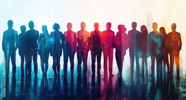 Fototapeta Diverse group of business people standing in a row, vibrant colors overlayed on silhouettes, city backdrop
