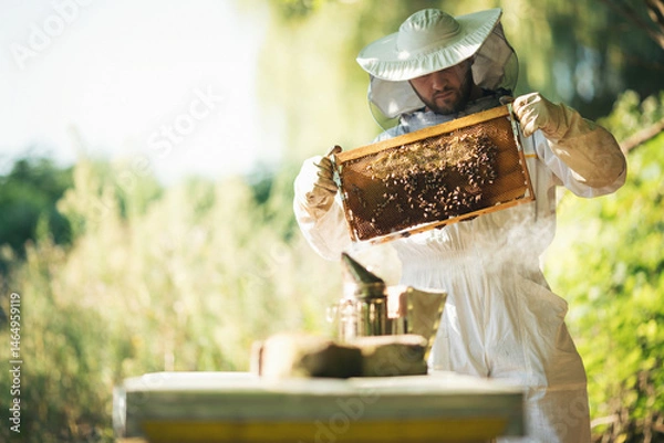 Obraz Young beekeeper  taking care of bee hives