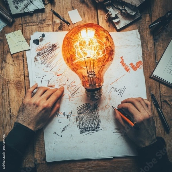 Fototapeta Illuminating Inspiration: A Designer's Desk with Sketching Hands, Edison Bulb, and Creative Chaos, Crafting New Ideas on Wood Surface.