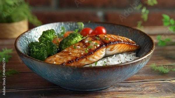 Fototapeta Enjoy a delicious grilled salmon fillet accompanied by a vibrant assortment of fresh vegetables and fluffy rice, all served in a charming rustic setting