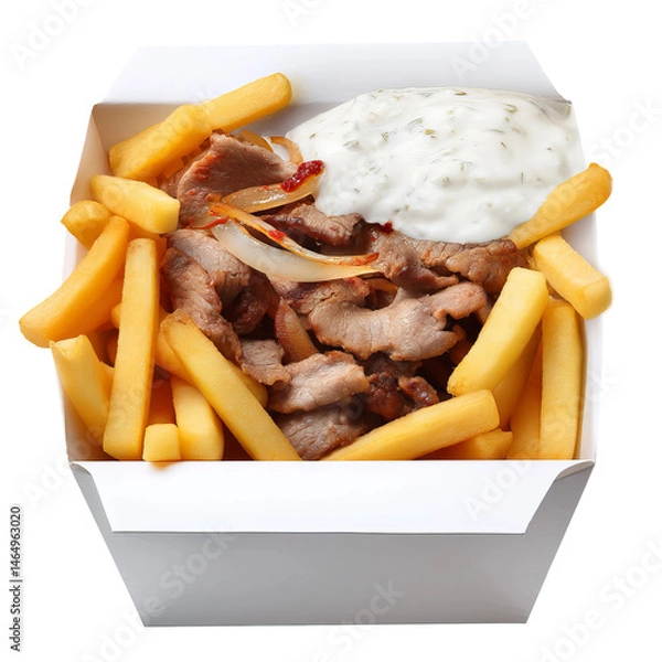 Obraz A delicious takeaway box with kebab meat, fries and white sauce. The meat is sliced and cooked, and the fries are golden brown and crispy.