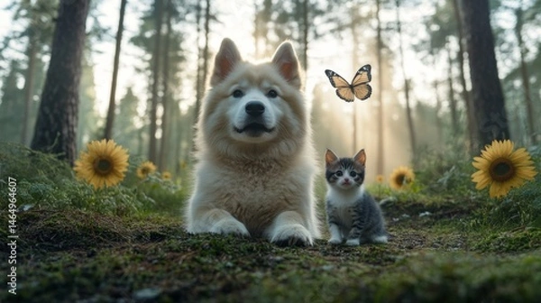 Fototapeta Playful encounter dog and cat in sunflower field nature scene peaceful atmosphere close-up view whimsy