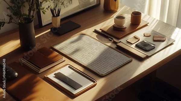 Fototapeta Elegant Wooden Desk Scene A Modern Workspace with Subtle Light and Natural Tones for creative activities.