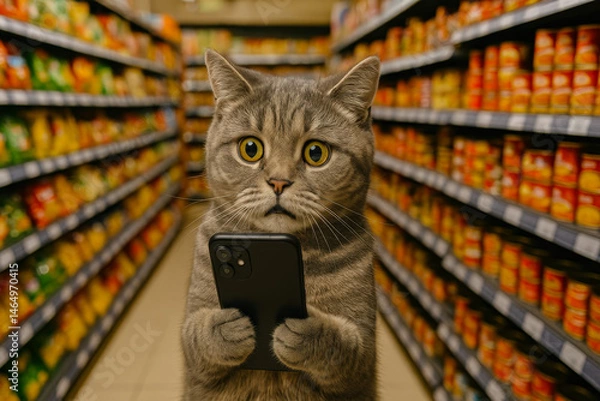 Fototapeta Cat surprises shoppers in grocery store while using smartphone in the aisle during daytime hours