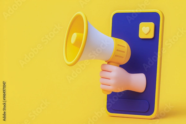 Obraz Creative design of a smartphone with a megaphone, symbolizing communication and engagement in a vibrant yellow setting