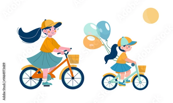 Obraz Girl woman child rides a bicycle with colorful balloons on green grass, сhromakey. Cycling.