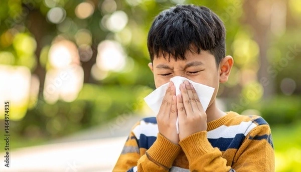 Obraz Child Sneezing in a White Handkerchief or Tissue - Symptoms of being Ill or Sick - Bacteria and Sinus Infection - Influenza, Flu, Covid, Common Cold, Germs, Hay Fever, Unwell, Runny Nose, Allergy