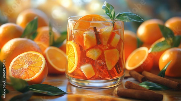 Fototapeta Glass of refreshing sangria infused with orange slices and a sprinkle of cinnamon