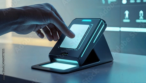Obraz Empty Screeen reader on a counter and thumb placed on the screen 