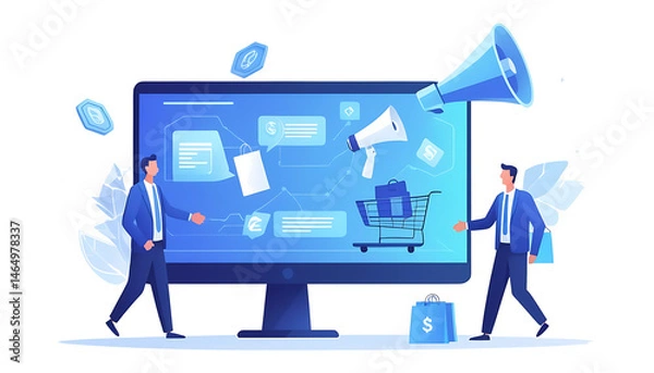 Obraz Vector isolated illustration of two partners shaking hands through a computer screen, with a megaphone nearby to represent promotion. Clean, minimal flat style on white background.