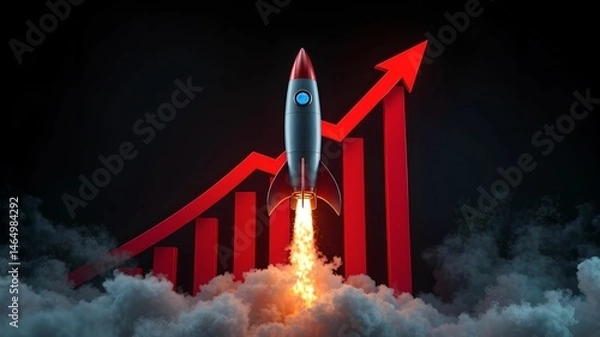 Fototapeta 3D Rocket Launch with Red Growth Graph on Dark Background