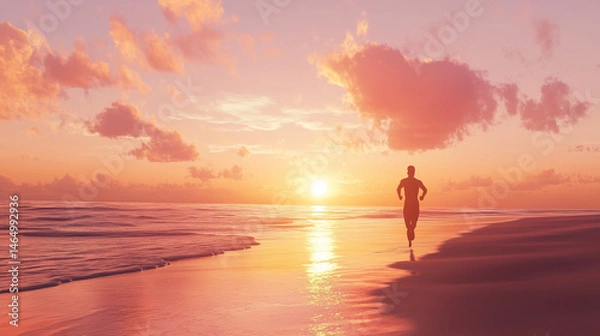 Obraz Silhouetted figure running joyfully by the ocean at sunset  