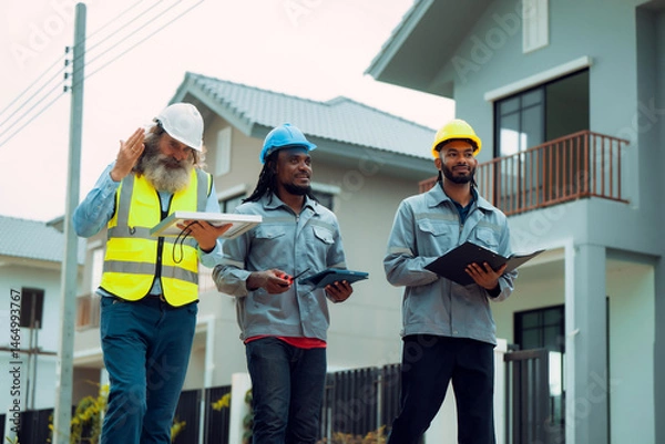 Fototapeta Construction engineers and crews discuss site preparation plans for solar panel installation and system setup for an energy-efficient home project while walking around the project.