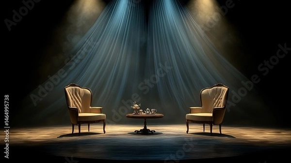 Fototapeta Elegant stage setting with two antique armchairs and small table, bathed in spotlight