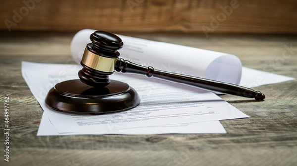 Fototapeta Gavel resting on medical documents symbolizing health-related legal dispute, healthcare law and justice system concept, medical malpractice or insurance claim case.