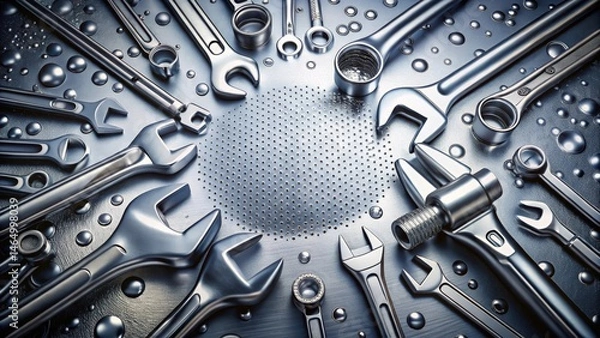 Obraz A Collection of Shiny Metal Hand Tools Arranged in a Circular Pattern on a Perforated Metal Surface
