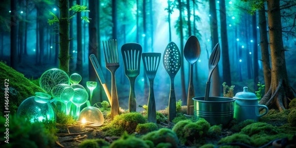 Obraz Enchanted Forest Culinary Scene Mystical Cooking Utensils and Glowing Vessels Amidst Mossy Trees and Ethereal Light