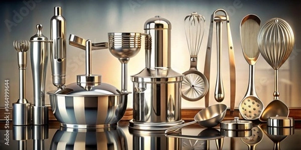 Obraz A Gleaming Collection of Polished Metal Kitchen Utensils and Gadgets Reflecting on a Dark Surface