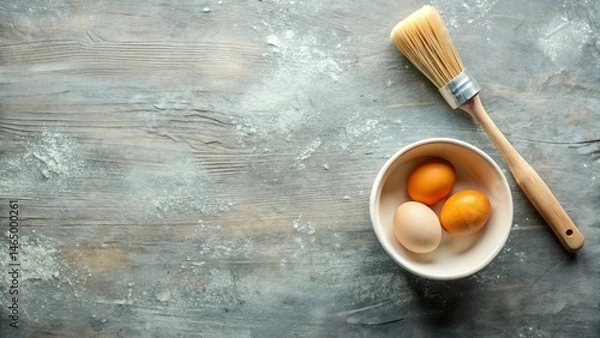 Obraz Rustic Wooden Surface with Bowl of Eggs and Pastry Brush Ready for Baking
