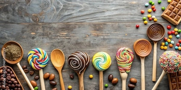 Obraz Wooden Spoons Arranged with Colorful Candies and Coffee Beans on Rustic Table