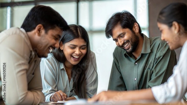 Obraz Indian Team Laughing While Talking About Goals Around Conference Table
