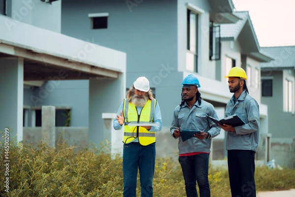 Obraz Construction engineers and their team are discussing the site preparation plan for installing solar panels, setting up the working system for an energy-saving housing project and exterior overview.