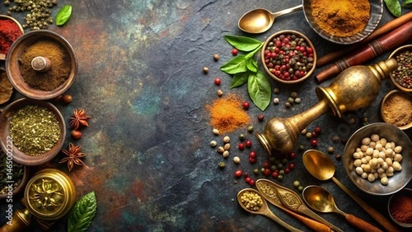 Obraz Aromatic Spice Collection Diverse Ground and Whole Spices, Herbs, and Antique Utensils Arranged on a Dark Textured Surface